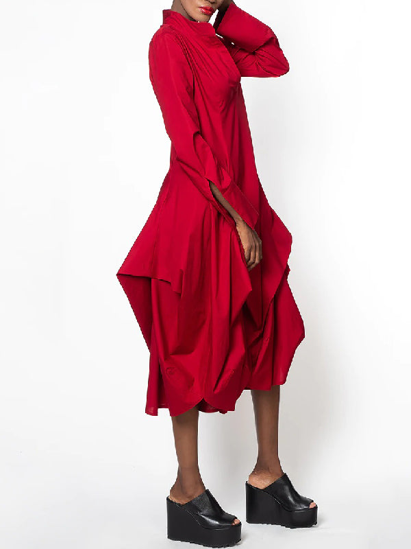 Stylish Loose Stand-collar Long Sleeves Midi Dress