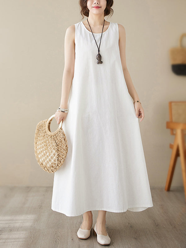 Loose Sleeveless Color Round-neck Midi Dresses