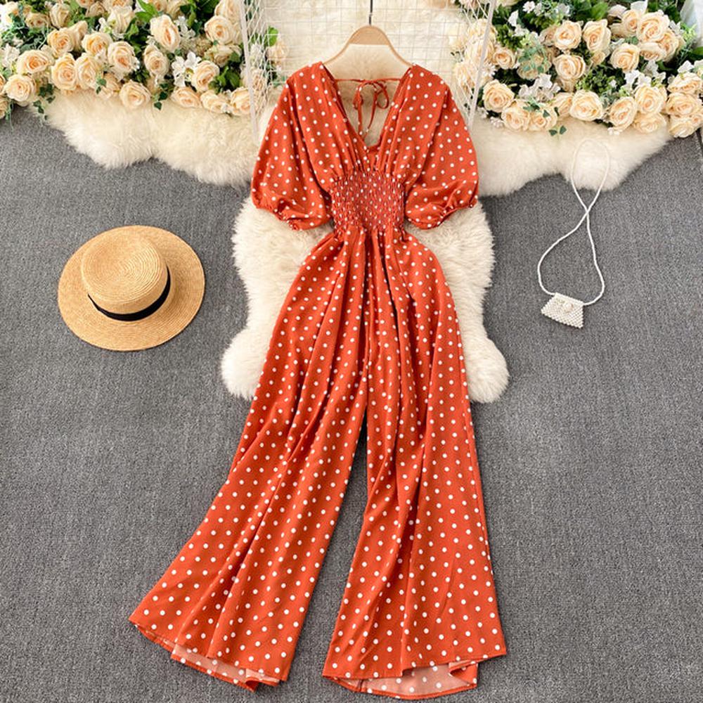 Stylish Army Green V-neck Polka Dot Puff Sleeve Wide Leg Jumpsuit