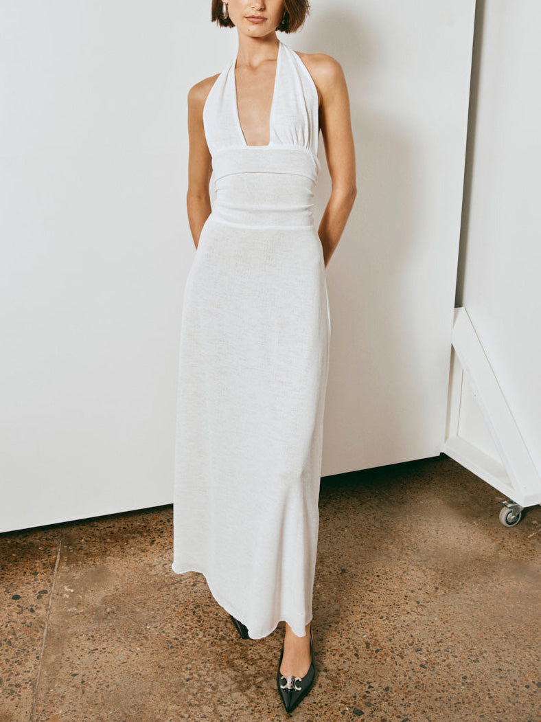 Halter Neck Deep V-neck Slim Fit Pleated Backless Midi Dress