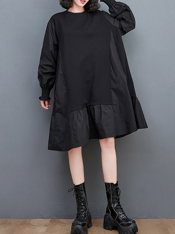 Loose Puff Sleeves Pleated Color Split-joint Round-neck Midi Dresses