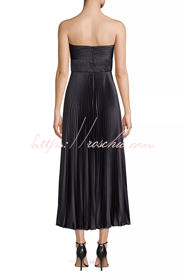Love Note Satin Sweetheart Twist Off Shoulder Pleated Maxi Dress
