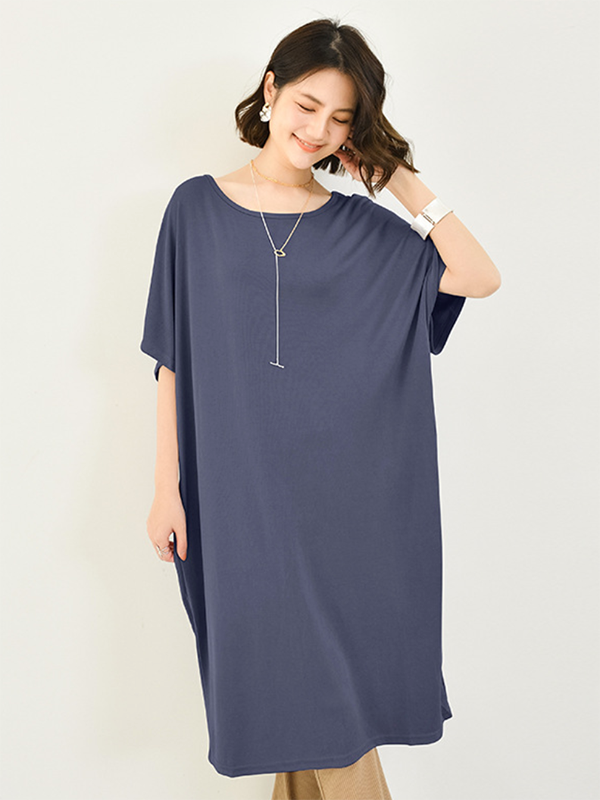 Batwing Half Sleeves Color Round-neck Midi Dresses