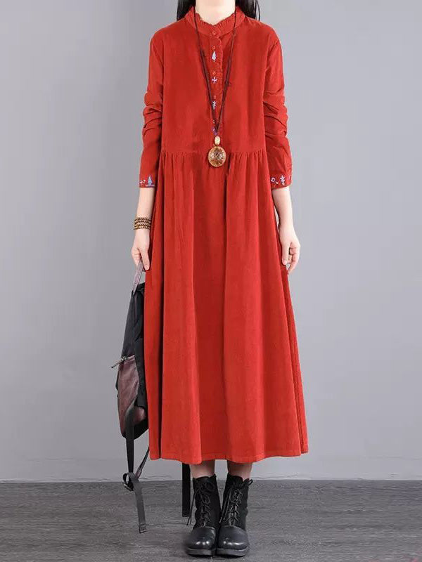 Corduroy Long Sleeves A-line Embroidered Round-neck Midi Dresses