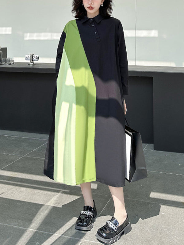 Long Sleeves Loose Asymmetric Buttoned Contrast Color Split-joint Lapel Midi Dresses Shirt Dress