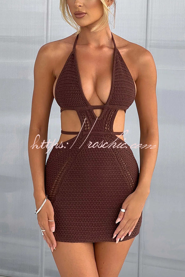 Effortlessly Cool and Knit Crochet Cutout Halter Tie-up Stretch Mini Dress