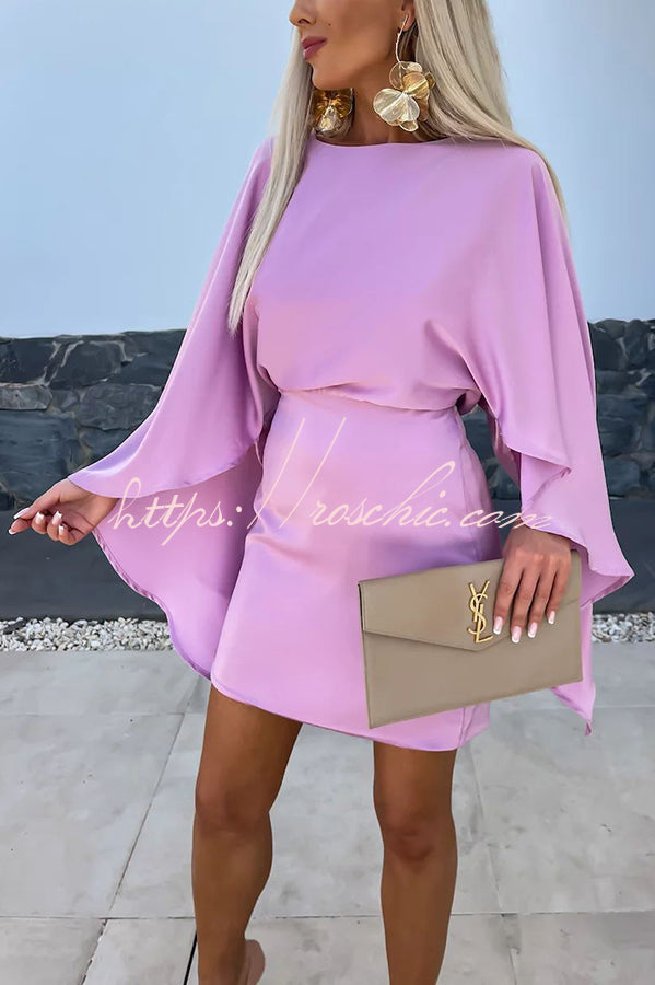 Wings Satin Butterfly Sleeves Elastic Waist Formal Mini Dress