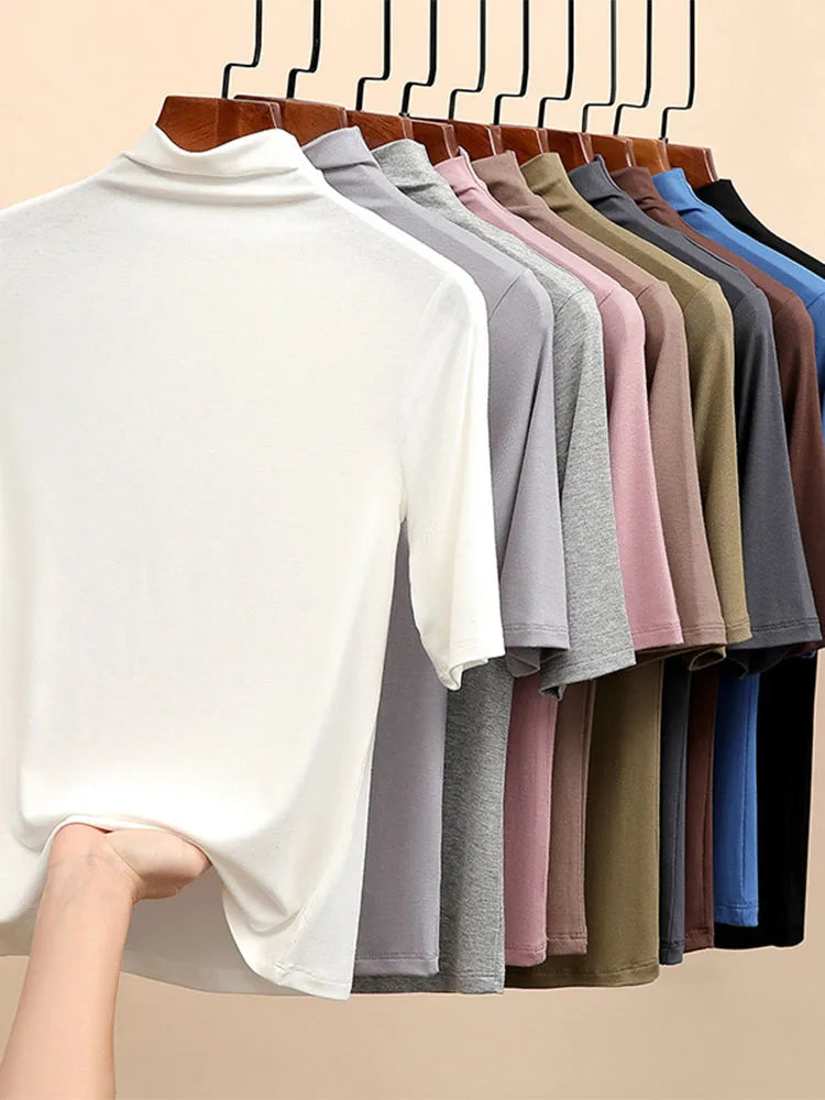 Half Turtleneck Milk Silk Tops Short Sleeve Slim T-shirt Color Basic Trend Bottoming Shirt High Street Blouse