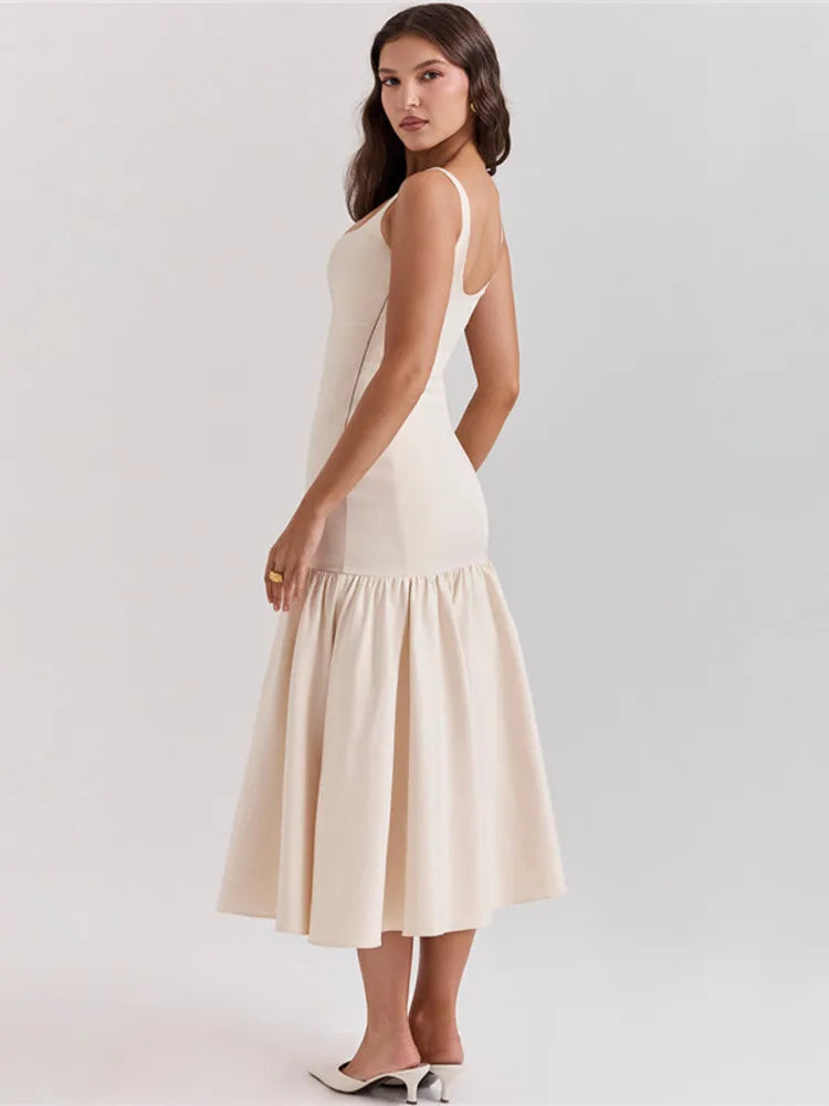 Backless Maxi Fishtail Dress for Gown Square Collar Sleeveless Loose Pleated Long Dress Dresses