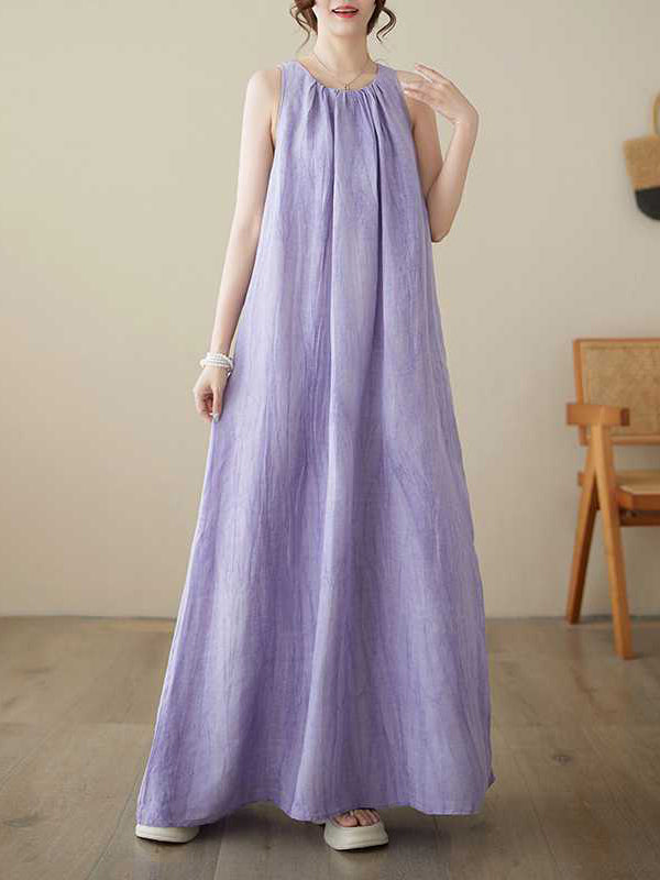A-line Loose Pleated Color Round-neck Midi Dresses