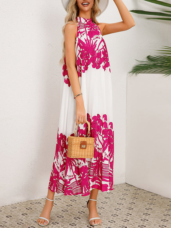 A-line Loose Hollow Pleated Printed Tied Mock Neck Midi Dresses