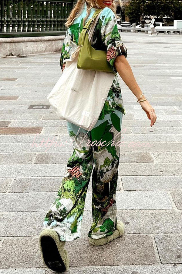 Landscape Print Button Pocket Tie Elastic Waist Pants Set