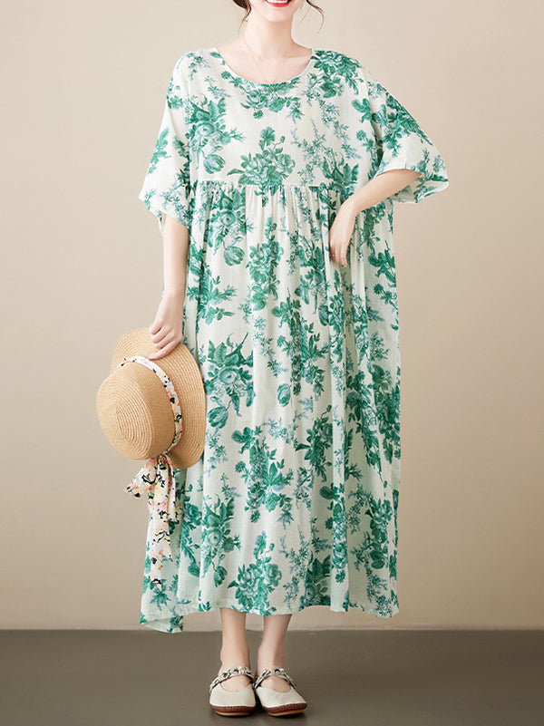 Loose Short Sleeves Printed Pleated Split-joint Round-neck Midi Dresses