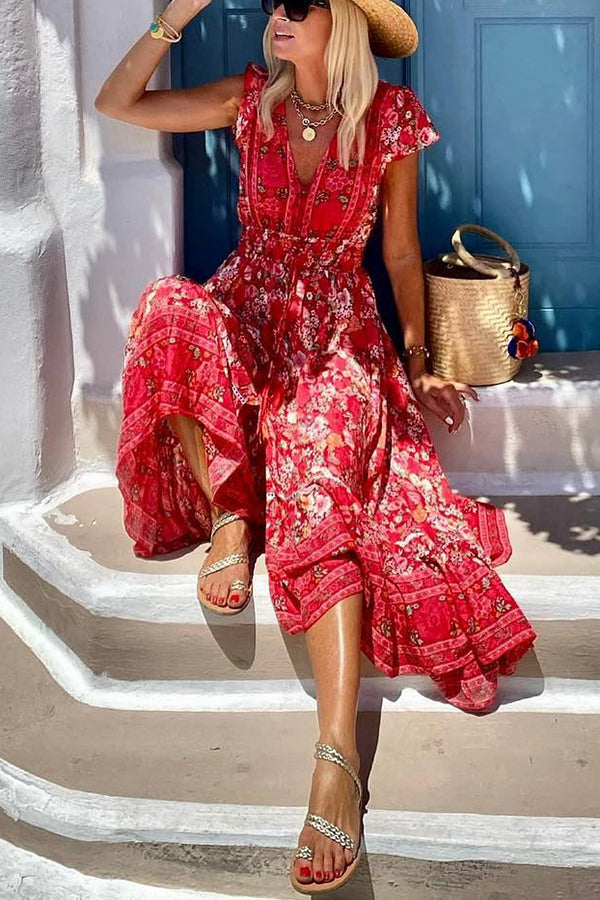 Summer in Greece Print Ruffle Sleeve Elastic Waist High-low Midi Dress