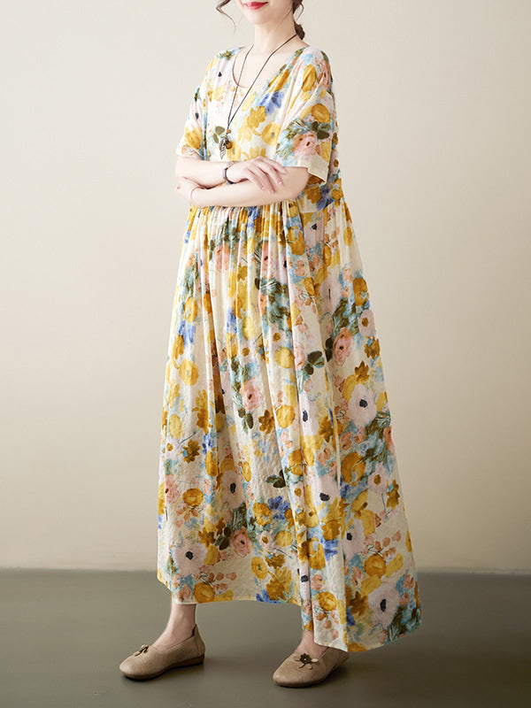 A-line Loose Printed Round-neck Midi Dresses