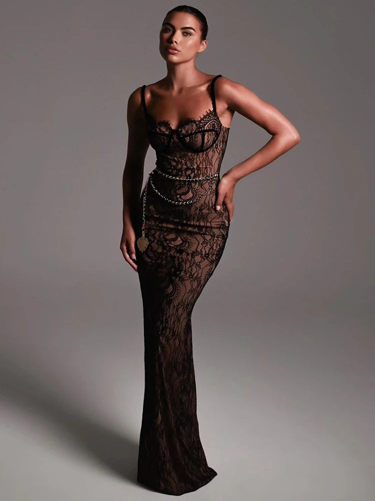 Lace Print Double Layer Dress for Bodycon Backless Metal Heart Pendant Maxi Dress Party Club Evening Dress
