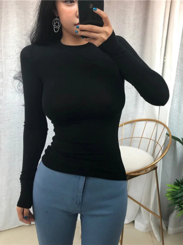 Thin Summer Top T Shirt Elasticity T-shirt Korean Style Woman Clothes Slim Tshirt Female Long Sleeve Tops
