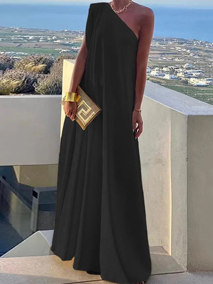 Loose Asymmetric Color Split-joint One-shoulder Maxi Dresses
