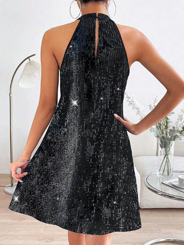 A-line Loose Hollow Sequined Color Halter-neck Mini Dresses