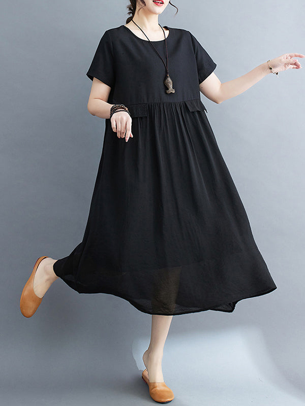 Loose Short Sleeves Gauze Color Split-joint Round-neck Midi Dresses