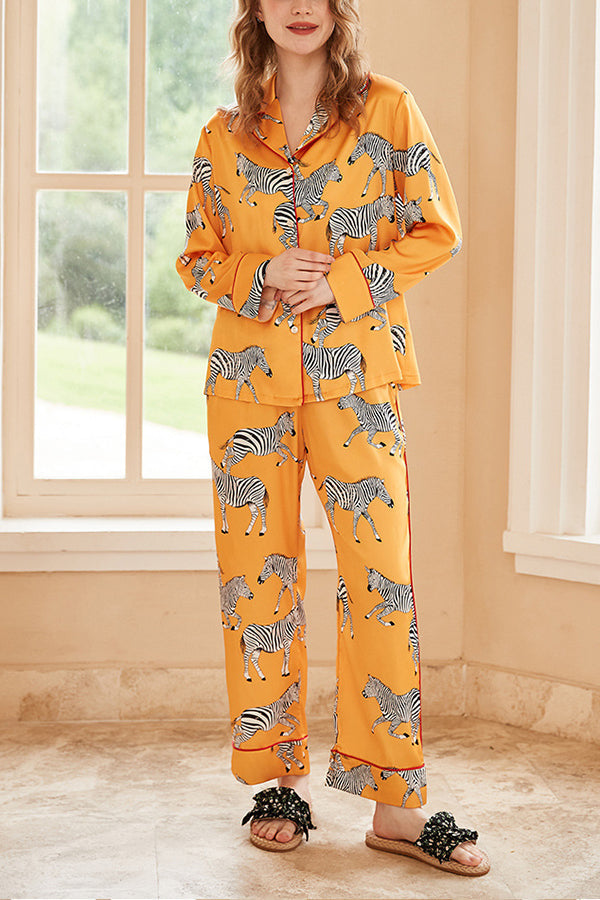 Yellow Zebra Print Home Long-sleeved Two-piece Set