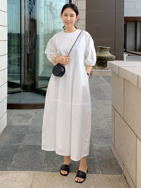 Round-neck Bishop Sleeve Loose Color Midi Dress
