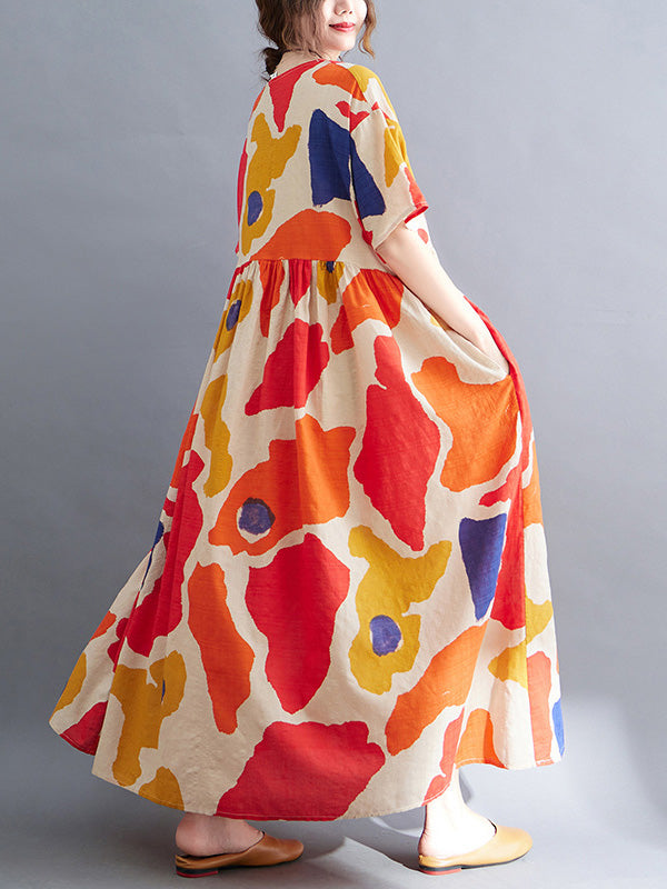 Artistic Retro Short Sleeves Loose Contrast Color Printed Round-neck Midi Dresses