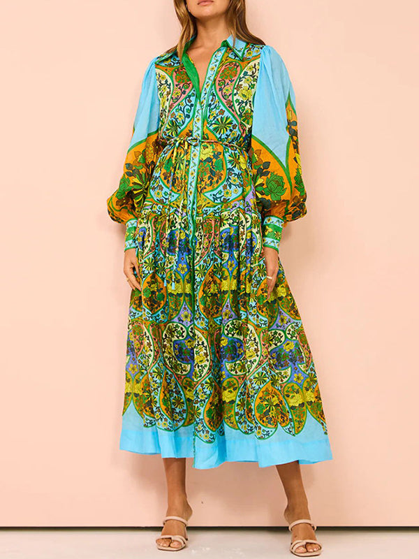High Waisted Loose Puff Sleeves Belted Printed Lapel Midi Dresses