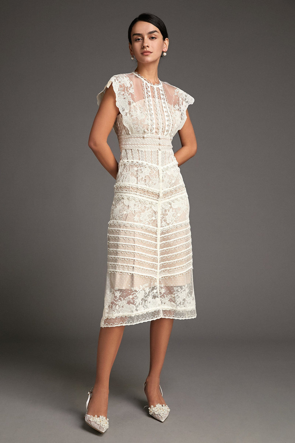 Lydia Flower Embroidered Mesh Midi Dress