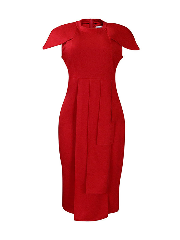 Short Sleeves Skinny Pleated Color Split-back Split-front Split-joint Round-neck Midi Dresses