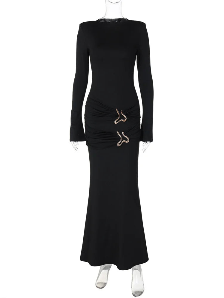 Autumn Black Maxi Dress for Pleated Slim High Waist Long Sleeve Party Dress Y2k Dress