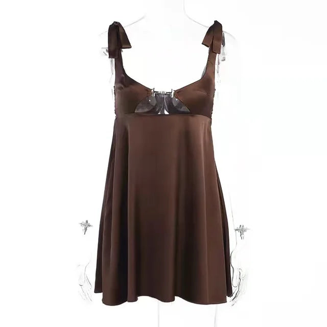 Bandage Satin Dress Party Backless Sleeveless Loose Dresses Hollow Out Mini Dress Woman New