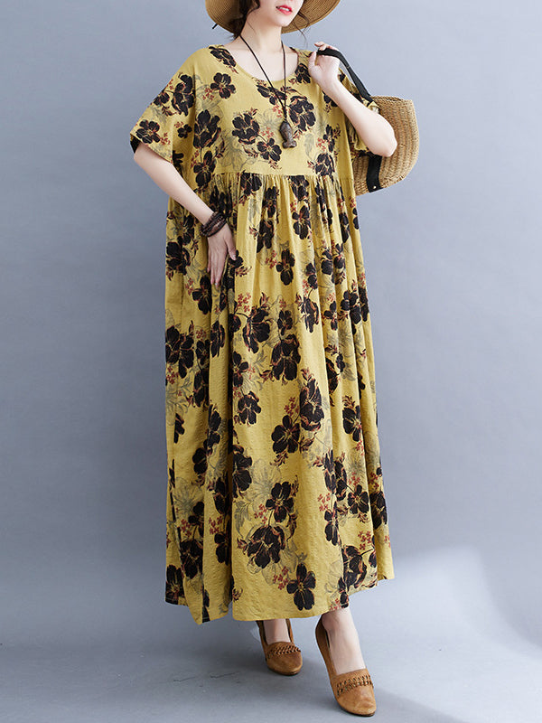 Loose Short Sleeves Pleated Printed Split-joint Round-neck Midi Dresses