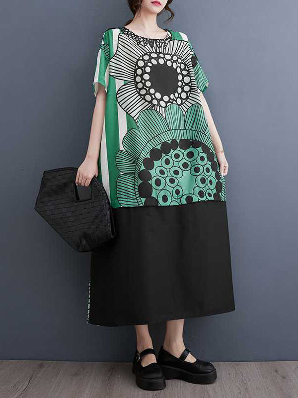 A-line Loose Flower Print Pockets Split-joint Round-neck Midi Dresses
