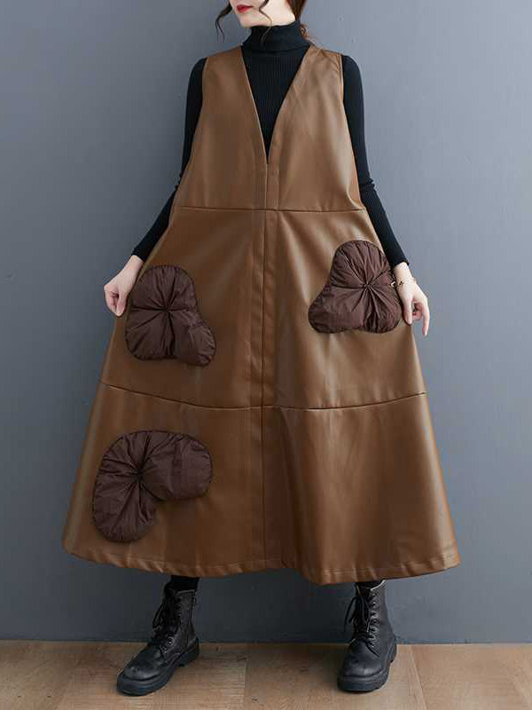 A-line Loose Flower-embellished Split-joint V-neck Midi Dresses