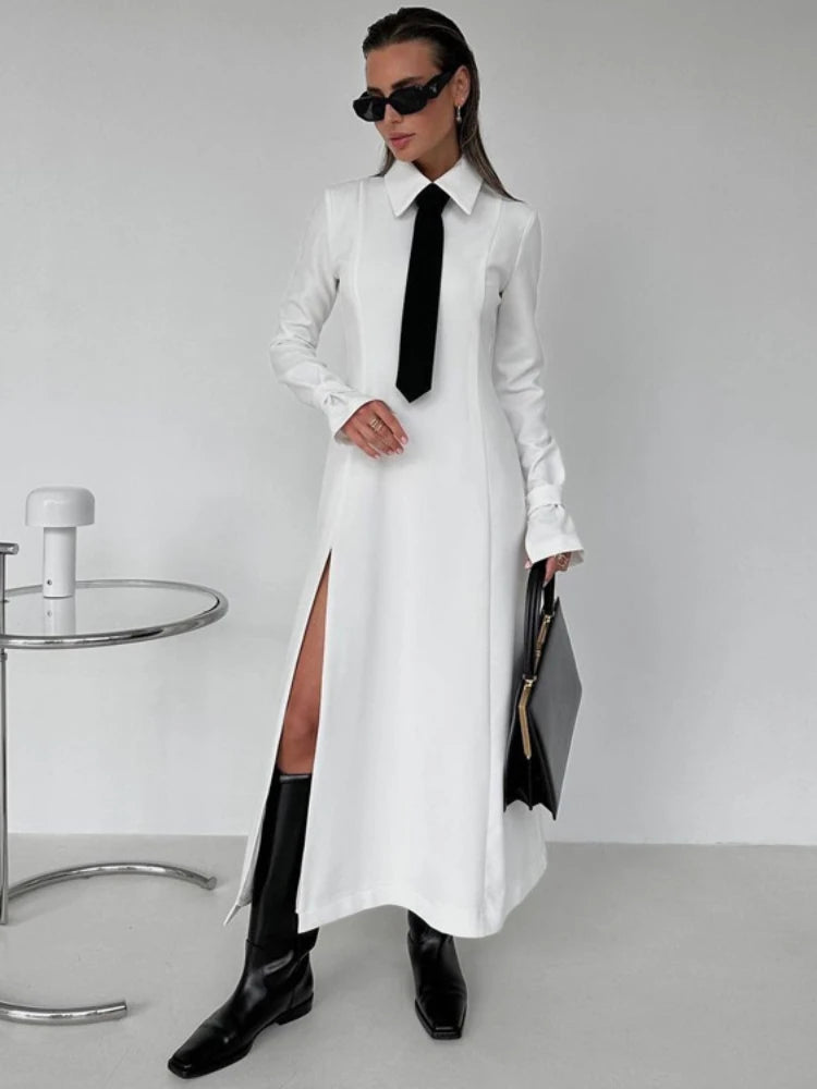 Side Slit Long Dress for White Turn Collar Tie Midi Dresses Femme New Street Loose Slender Dress Woman