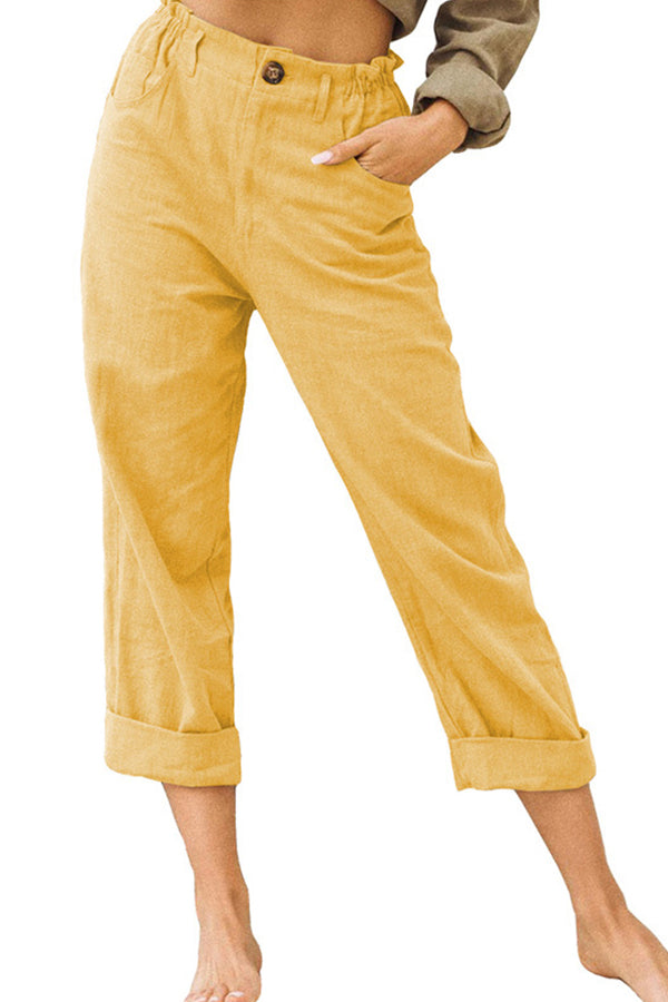 Color Cotton and Linen Fashionable Loose High Waist Pants