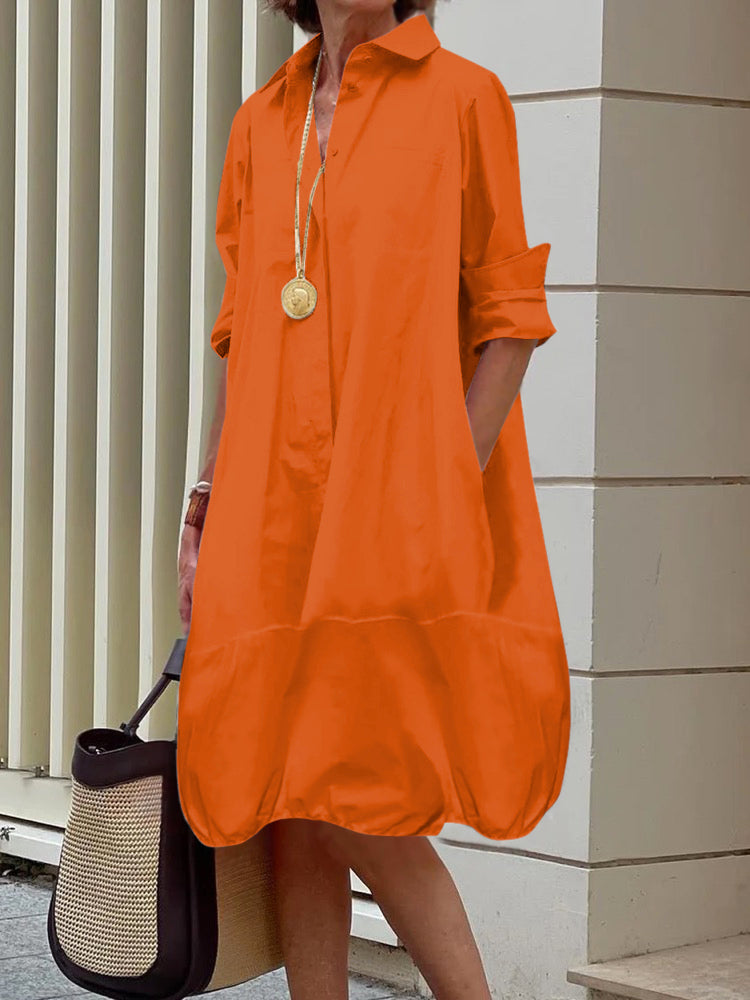 Long Sleeves Loose Color Lapel Collar Midi Dresses Shirt Dress