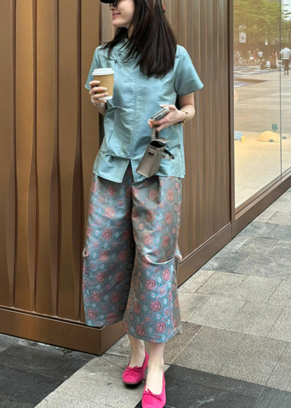 New Rose Button Shirt and Crop Pants Two-piece Set Summer Qp008