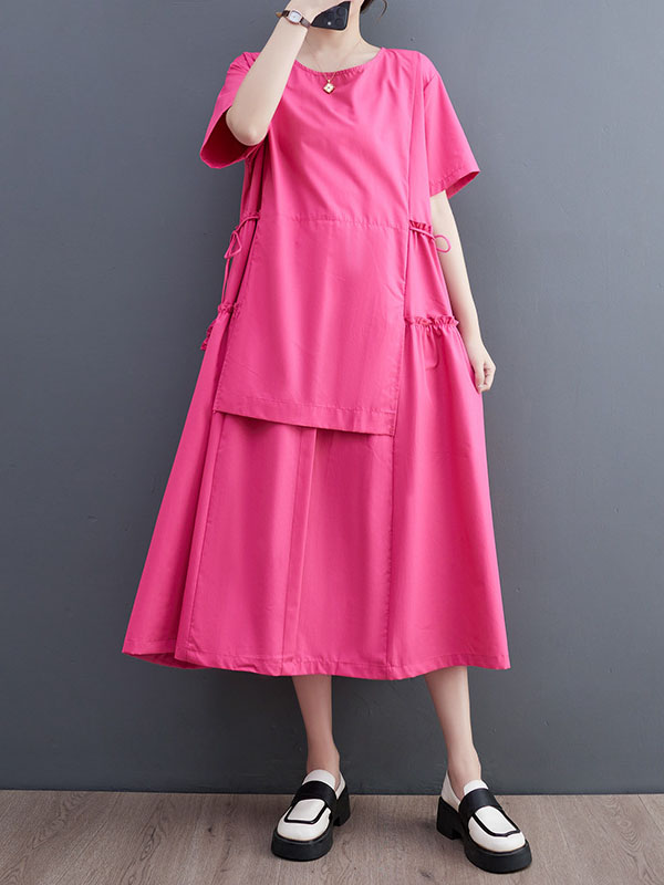 Loose Short Sleeves Color Split-joint Round-neck Midi Dresses