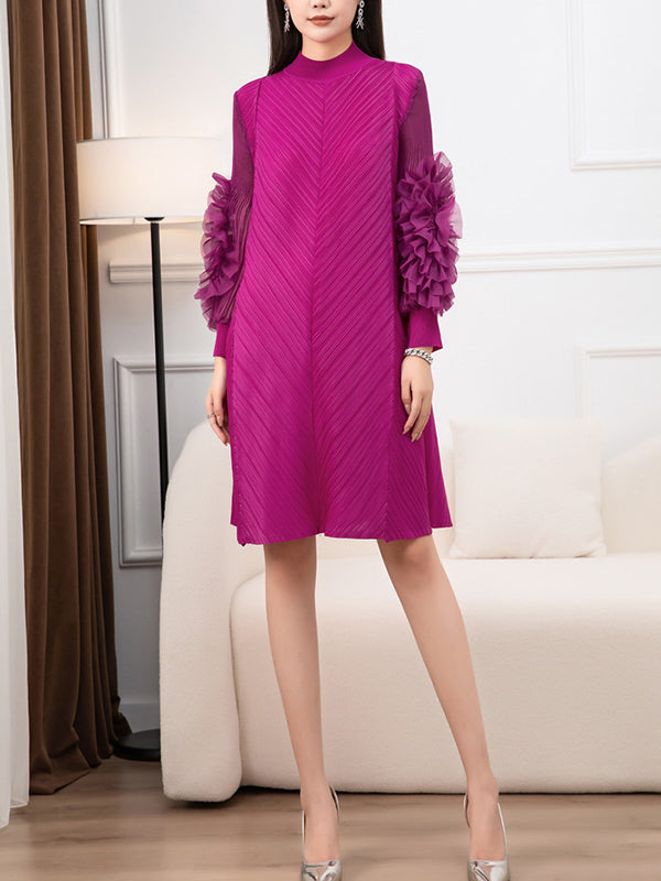 Long Sleeves Loose Embroidered Pleated Color Round-neck Midi Dresses