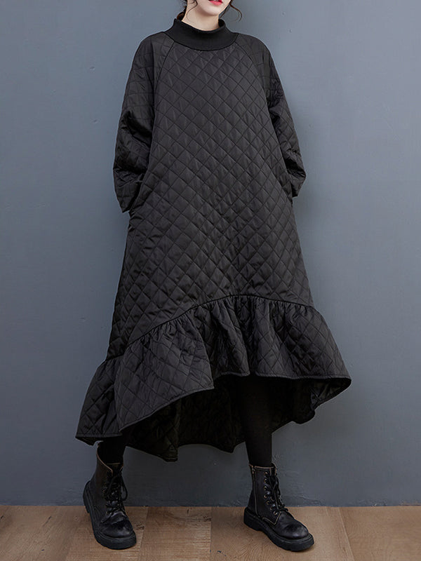 Long Sleeves A-line Rhombic Falbala High-neck Midi Dresses