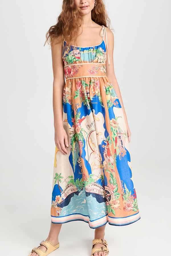 Unique Printed Lace-up Suspender Pockets Resort Style Midi Dress