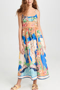 Unique Printed Lace-up Suspender Pockets Resort Style Midi Dress