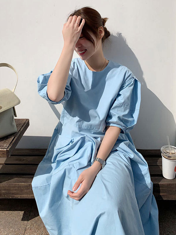 Round-neck Bishop Sleeve Loose Color Midi Dress