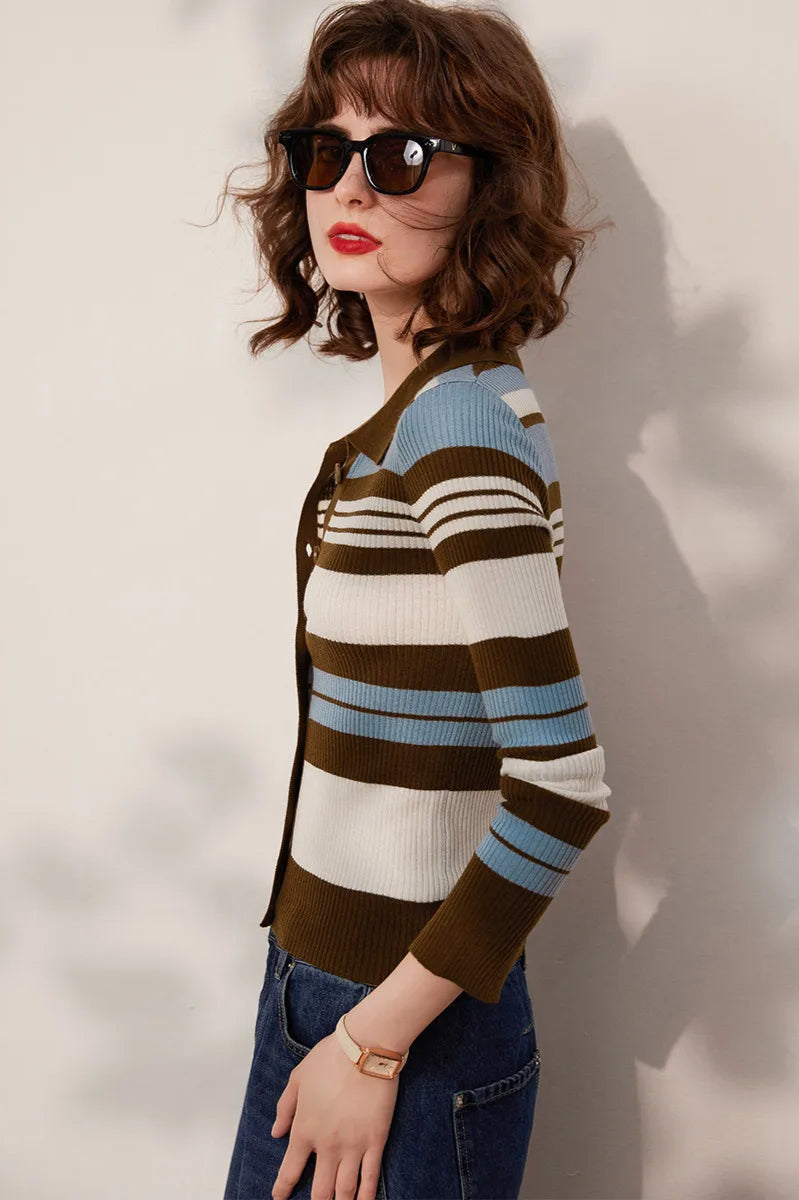 Striped Knit Turn-down Collar Cardigan