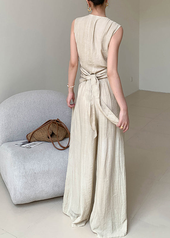 Boutique Apricot V Neck Wrinkled Linen Vest and Wide Leg Pants Two Pieces Set Summer An1025