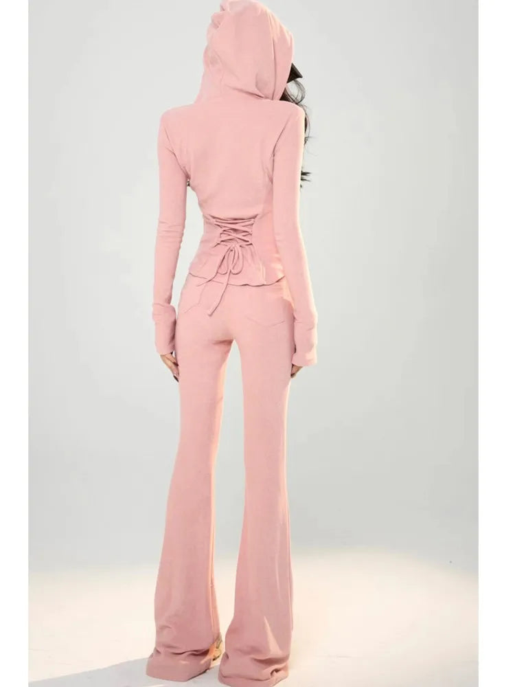 Y2k 2 Piece Set Tracksuit Hooded Zip Up Slim Coat + Drawstring Wide Leg Pants Autumn Korean Outfits