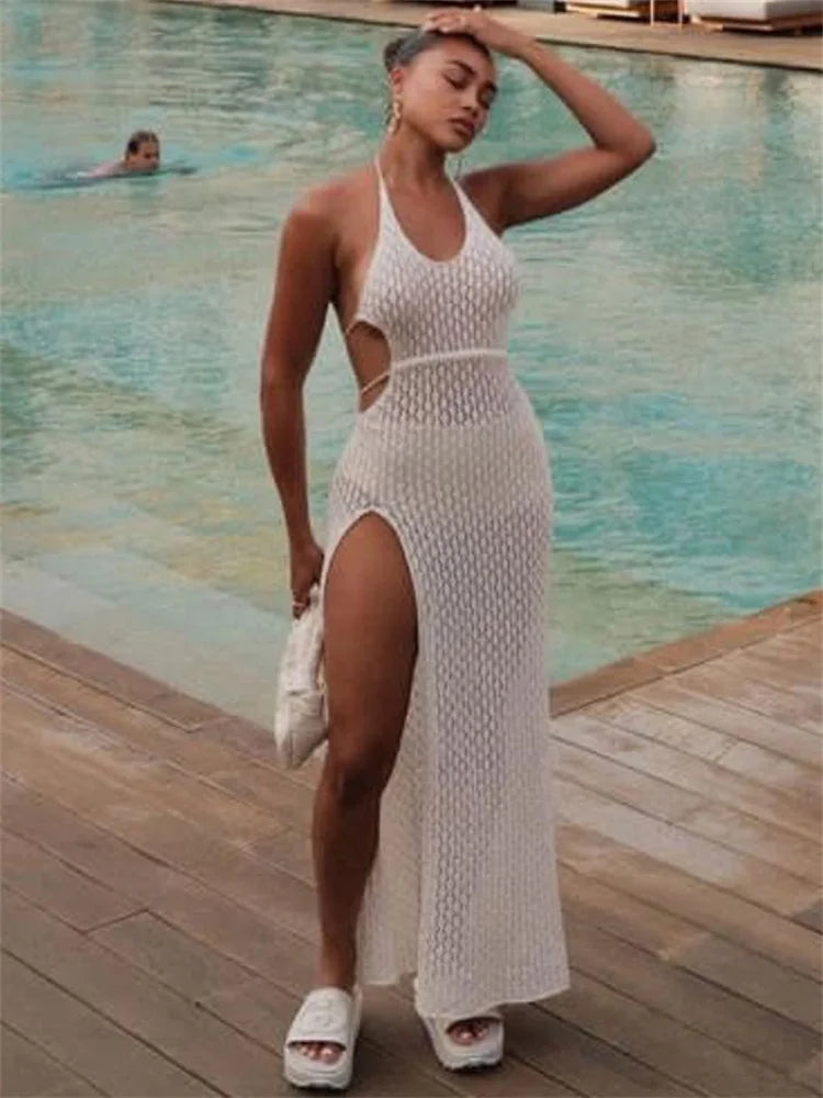 Summer Lacu-up Knit Dresses for Party Beach Holiday Outfits Bandage Dress Backless Side Split Knitwear Maxi Dress