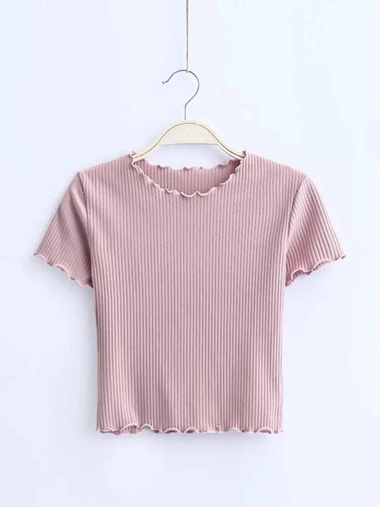 Wood Ears O Neck Short Sleeve T-shirt New Woman Slim Fit T Shirt Tight Tee Summer Retro Tops 6 Colors